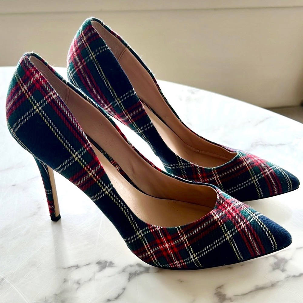 Neiman Marcus Plaid Heels - Red and Blue